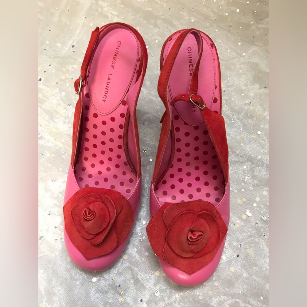 Pink and red rose leather heels